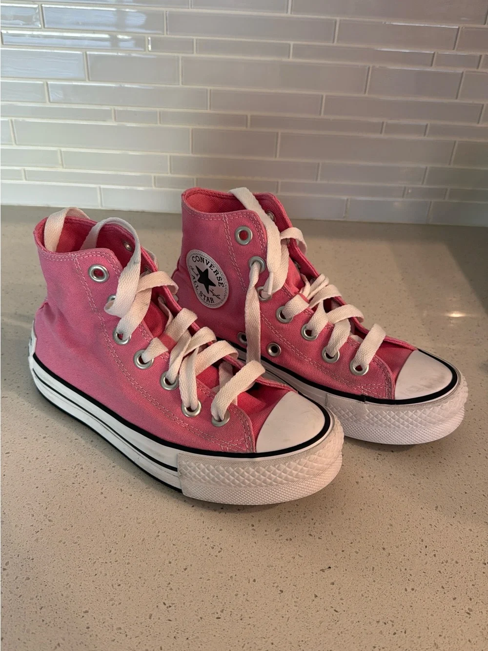Converse Pink and White Kids High-Top Sneakers